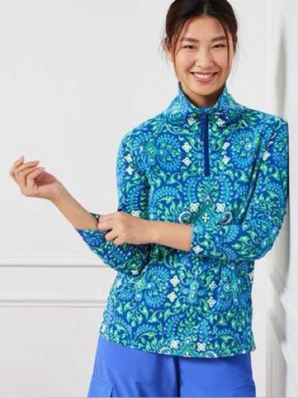 Talbots Blue Patterned Quarter-Zip Women's long sleeve top sweater